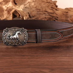 Cavallo Unisex Vintage Western Tarzı At Kabartmalı Deri Kemer