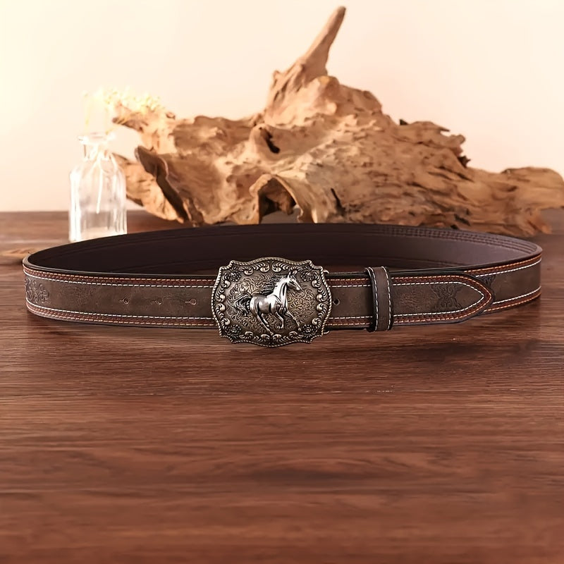 Cavallo Unisex Vintage Western Tarzı At Kabartmalı Deri Kemer