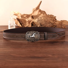 Cavallo Unisex Vintage Western Tarzı At Kabartmalı Deri Kemer